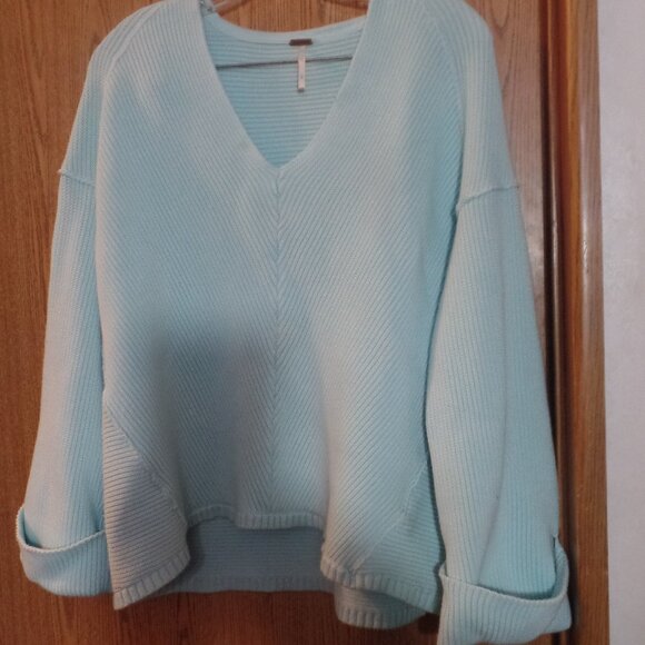 Free People Boxy Ribbed Chunky Knit Oversized Drop Shoulder V-Neck Sweater, Sz M - Picture 1 of 4